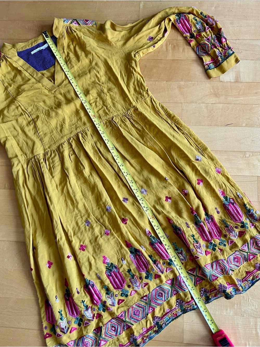 Anthropologie Floreat Embroidered, Boho V-Neck Dress, Gold, Pink, Size XS - Picture 13 of 17